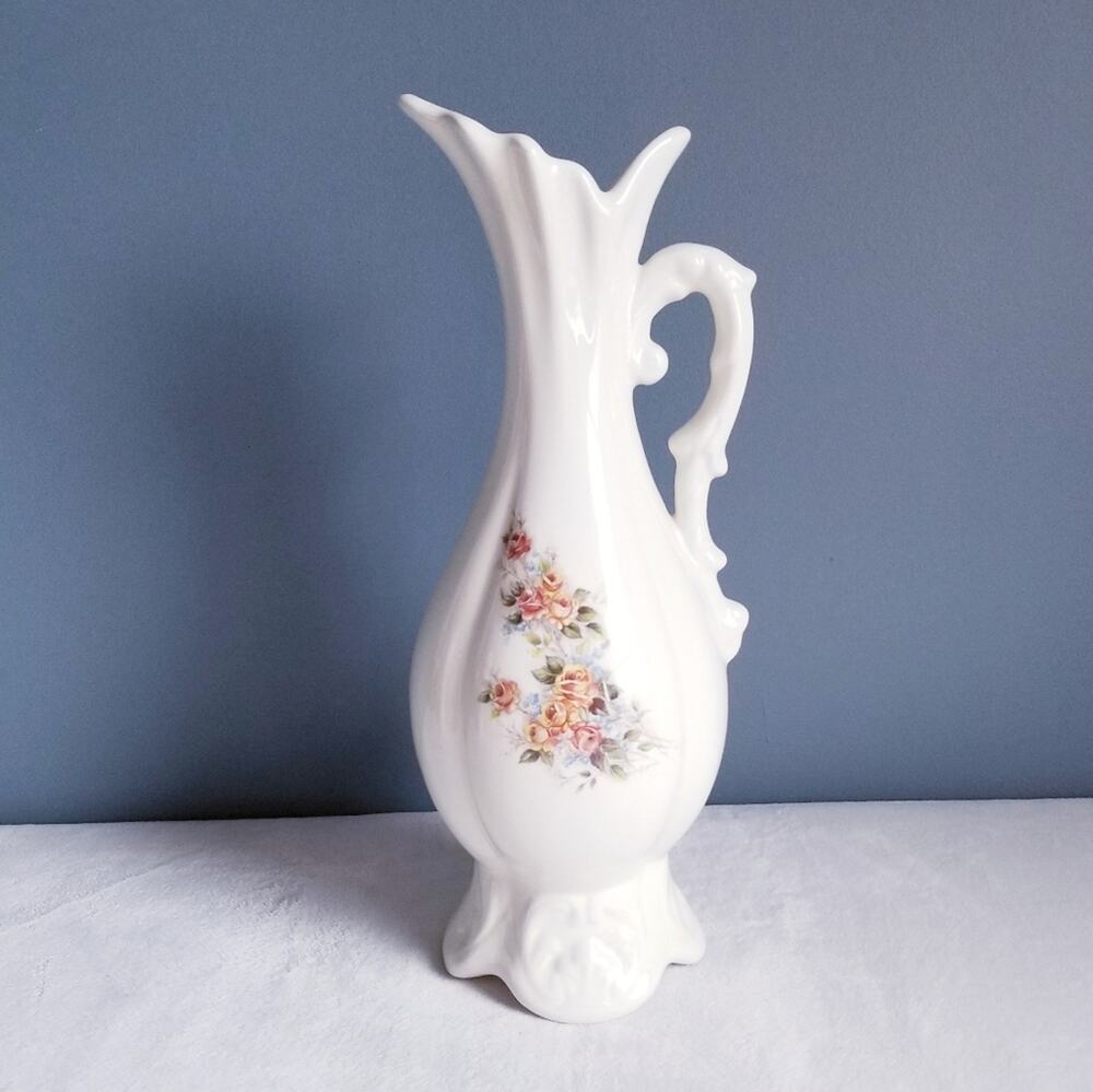 Vtg 80s Handmade Ceramic Floral Pitcher Vase Cottagecore Shabby Chic Country
